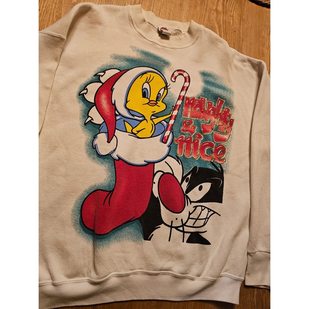 Vintage 1997 Looney Tunes Christmas Tweety Sylvester Naughty Nice Sweatshirt L